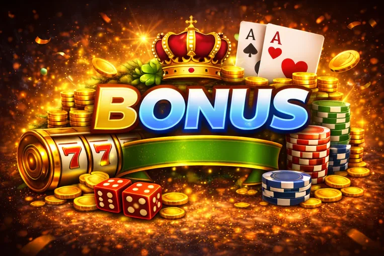 Casino bonusbanner met gouden munten, speelkaarten, fiches en een kroon