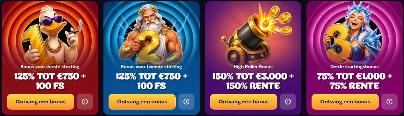 Lucky Gans Casino welkomstpakket met vier stortingsbonussen, gratis spins en een High Roller bonus